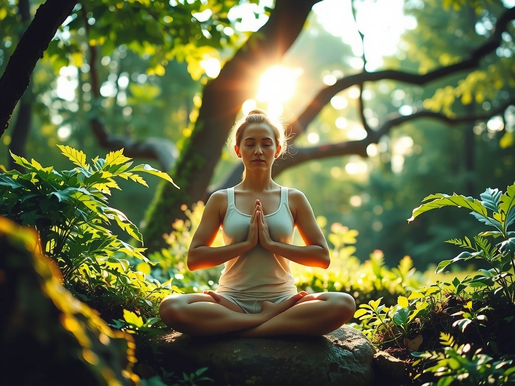 Imagine calmă și senină, o persoană care meditează în natură, înconjurată de verdeață luxuriantă și o lumină blândă a soarelui.