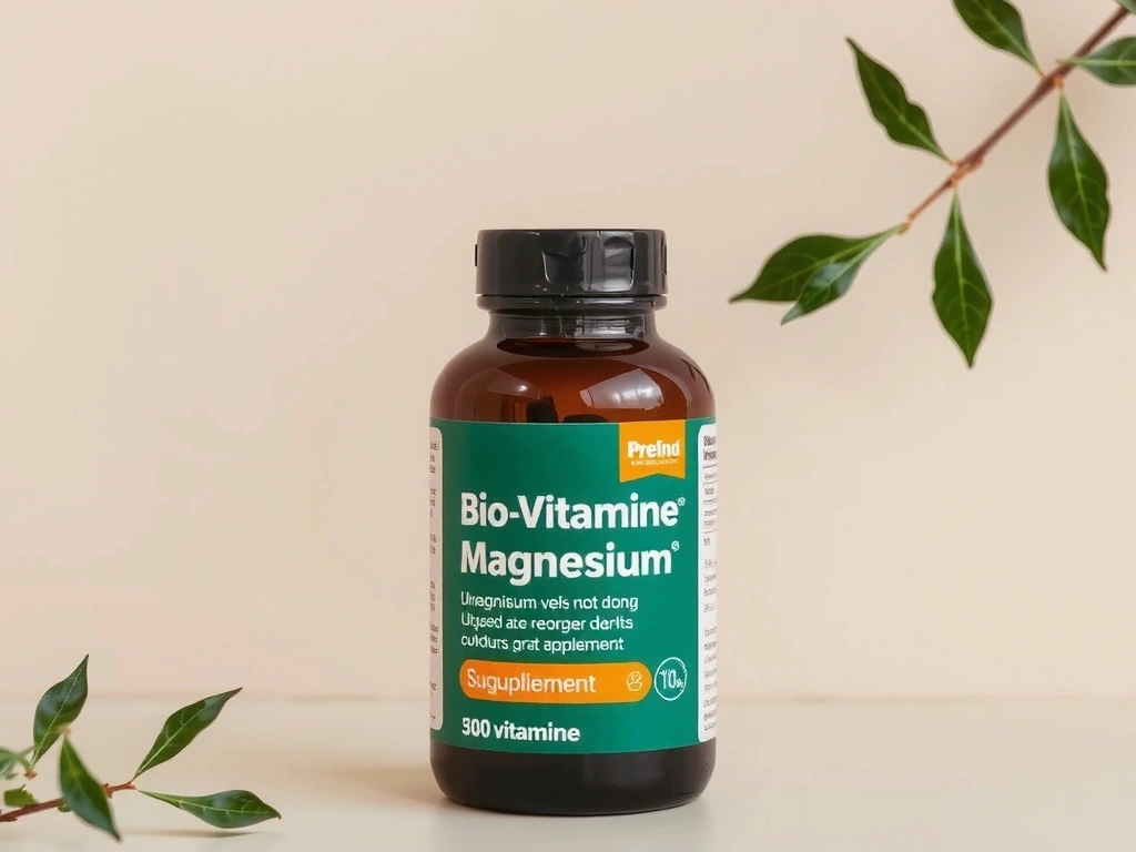 Recipient de Magneziu Biovitaminec, cu design minimalist și verde, pe un fundal natural.