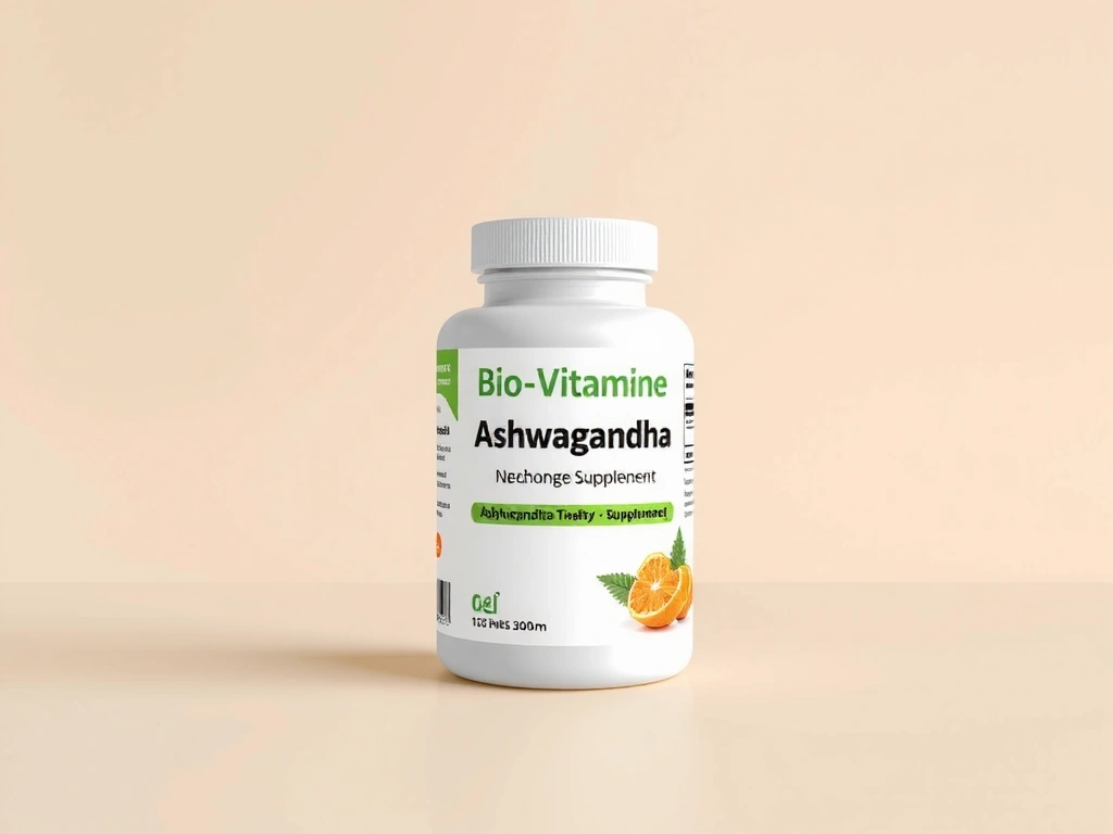 Recipient de Ashwagandha Biovitaminec, cu design curat și natural, pe un fundal calm.