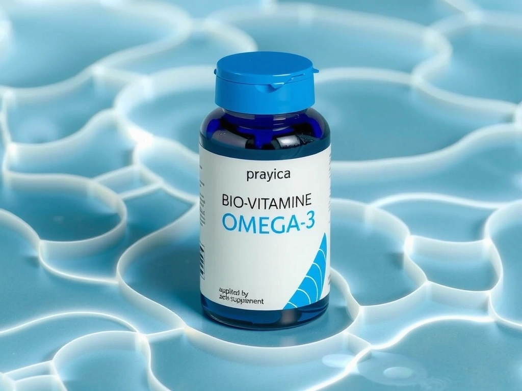 Recipient de Omega-3 Biovitaminec, cu design modern și albastru, pe un fundal acvatic.