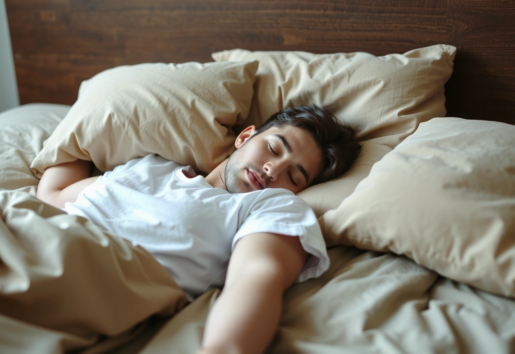 O persoană dormind adânc și liniștit, într-un pat confortabil, cu o lumină caldă, difuză, simbolizând odihnă și regenerare.