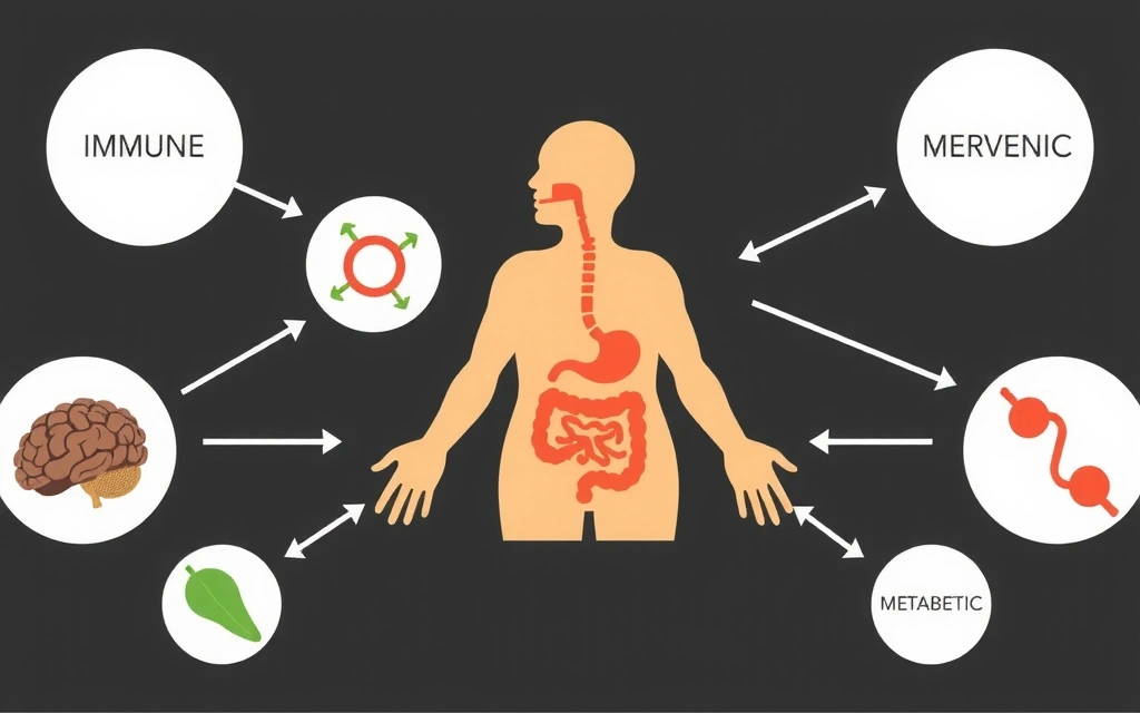 Diagramă simplificată care arată conexiunea dintre microbiomul intestinal și diverse sisteme ale corpului (imunitar, nervos, metabolic)