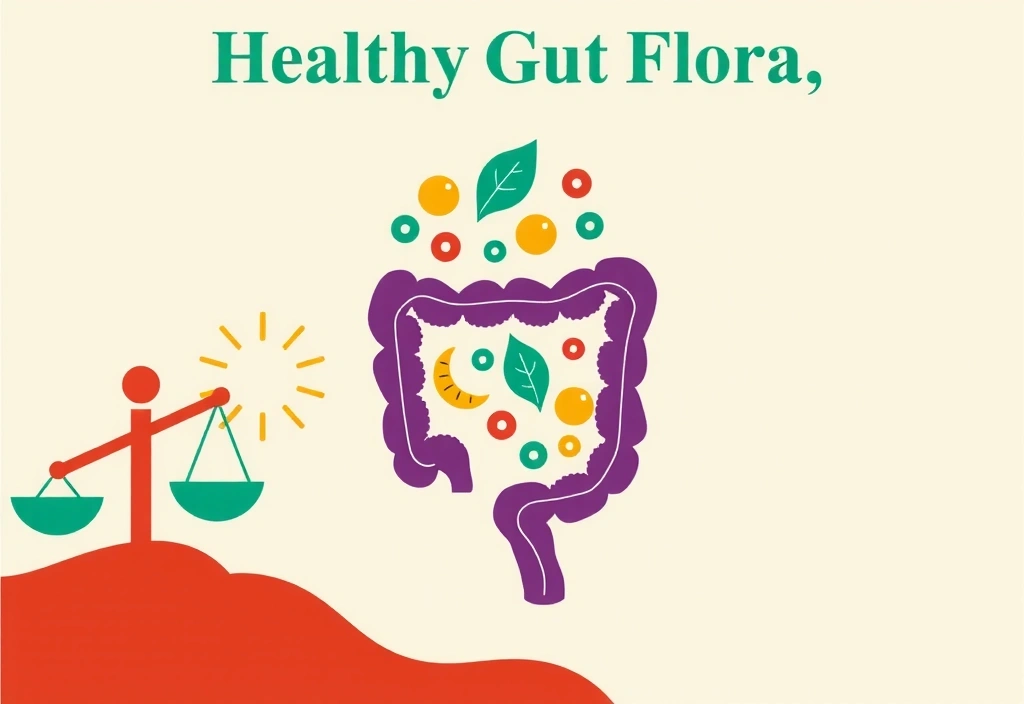 Ilustrație a florei intestinale sănătoase, cu elemente stilizate care sugerează echilibru și vitalitate