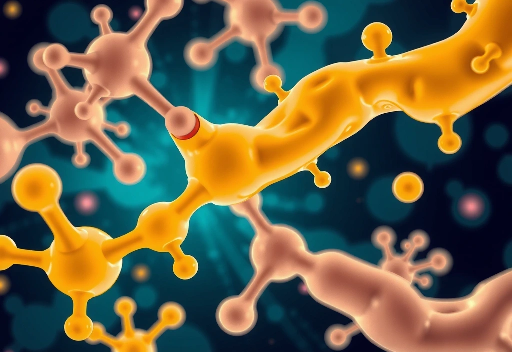 Ilustrație a enzimelor digestive descompunând molecule de hrană, cu efecte vizuale de energie și eficiență