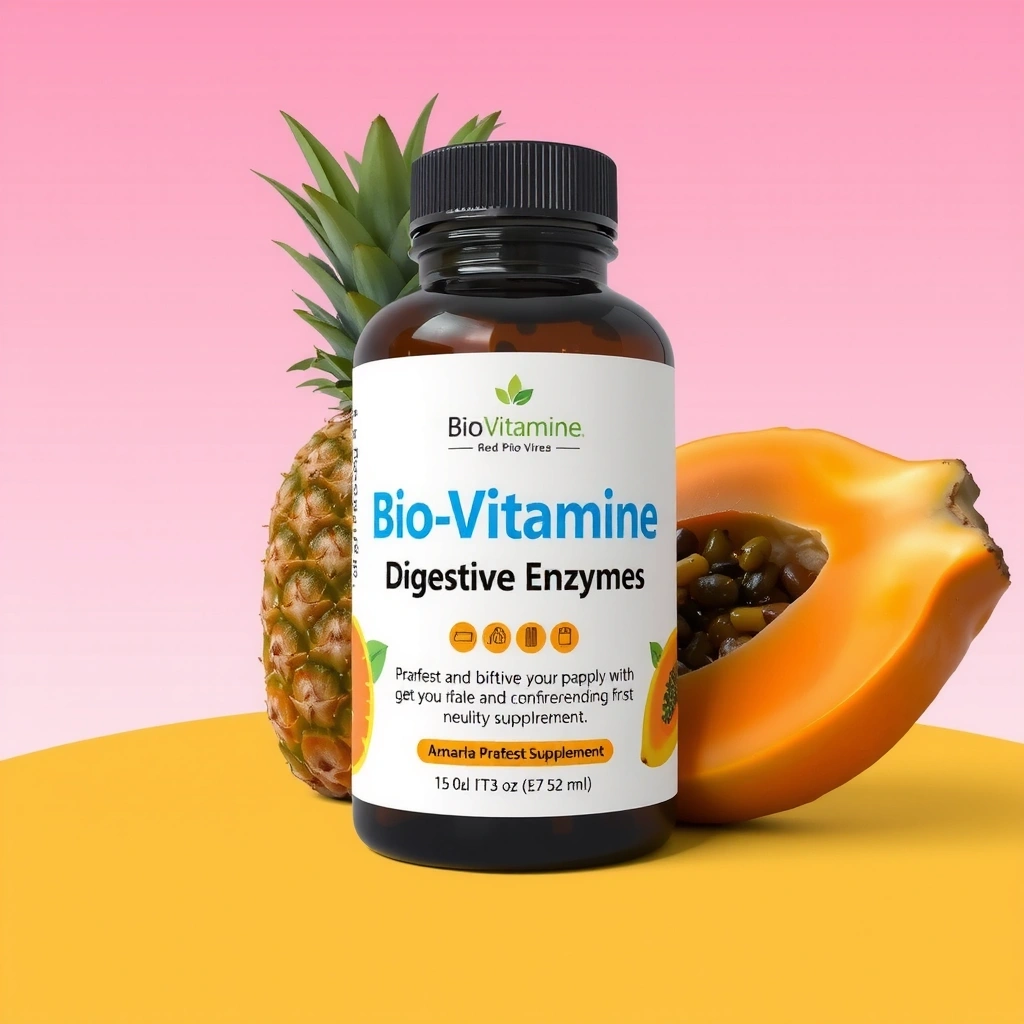 Imagine cu supliment de enzime digestive Biovitaminec, cu flori de ananas și papaya în fundal