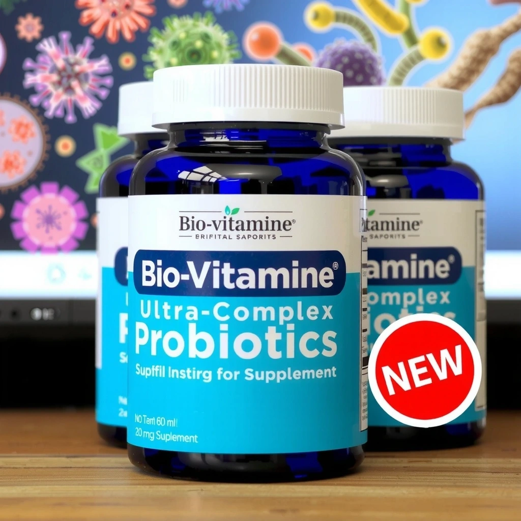 Imagine cu supliment de Probiotice Ultra-Complex Biovitaminec, cu ilustrații de bacterii benefice