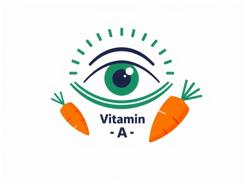 Reprezentare abstractă a vitaminei A, cu ochi stilizați și morcovi